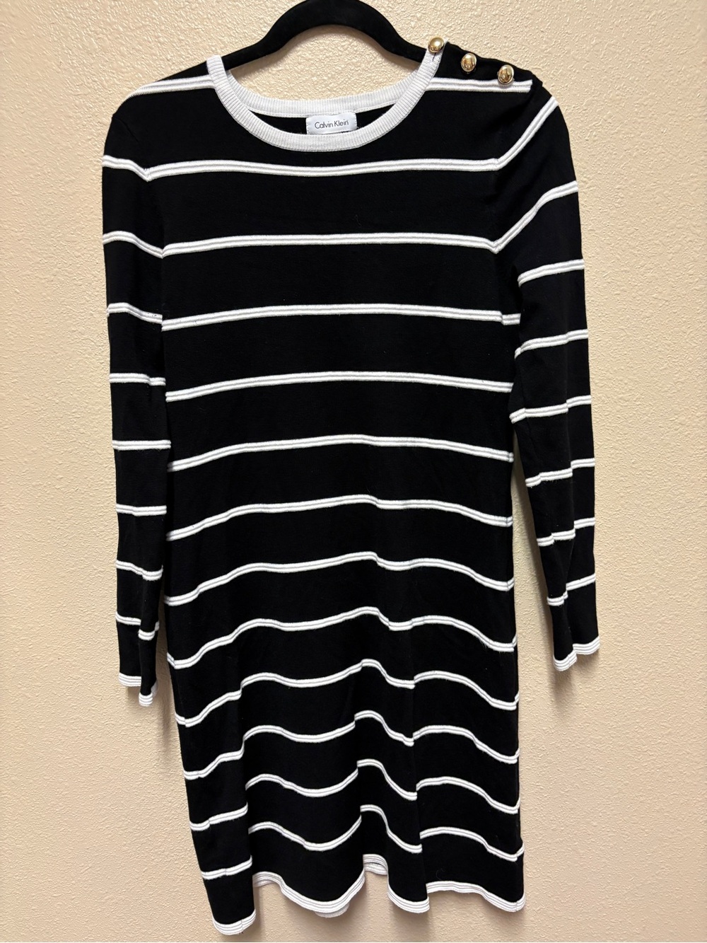 Calvin Klein Black & White Striped Crewneck Sweater with Gold Buttons
